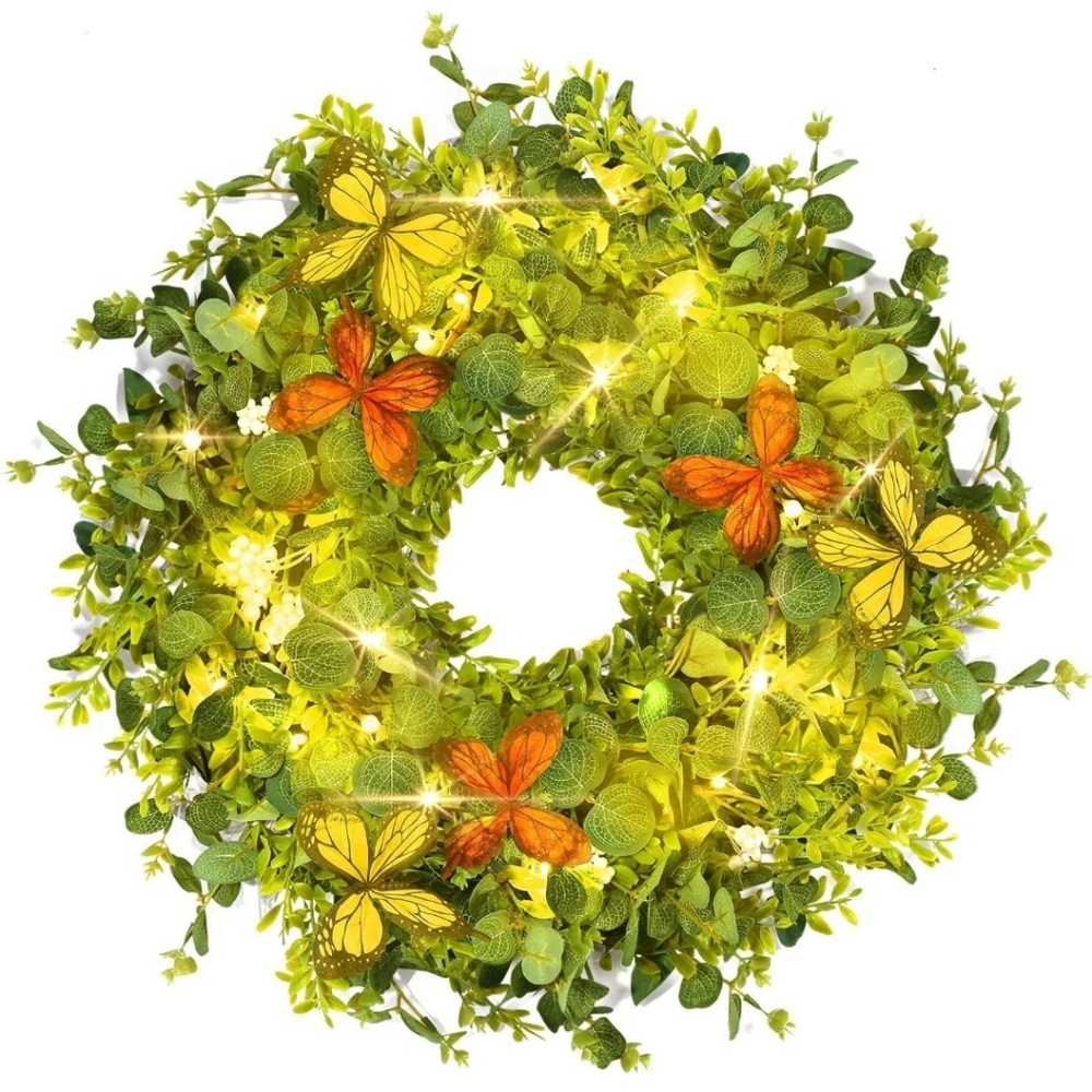 Eucalyptus wreath with artificial butterflies with integrated lights - Picture 1 of 4